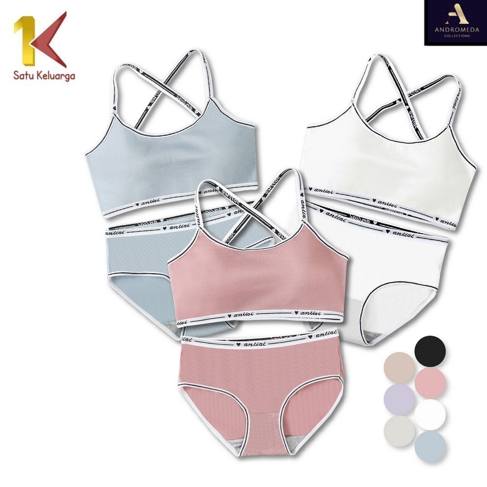 1K Bra Set Celana Dalam P169 Bralette One Set Wanita Tali Silang List Putih BH Tanpa Kawat Wanita