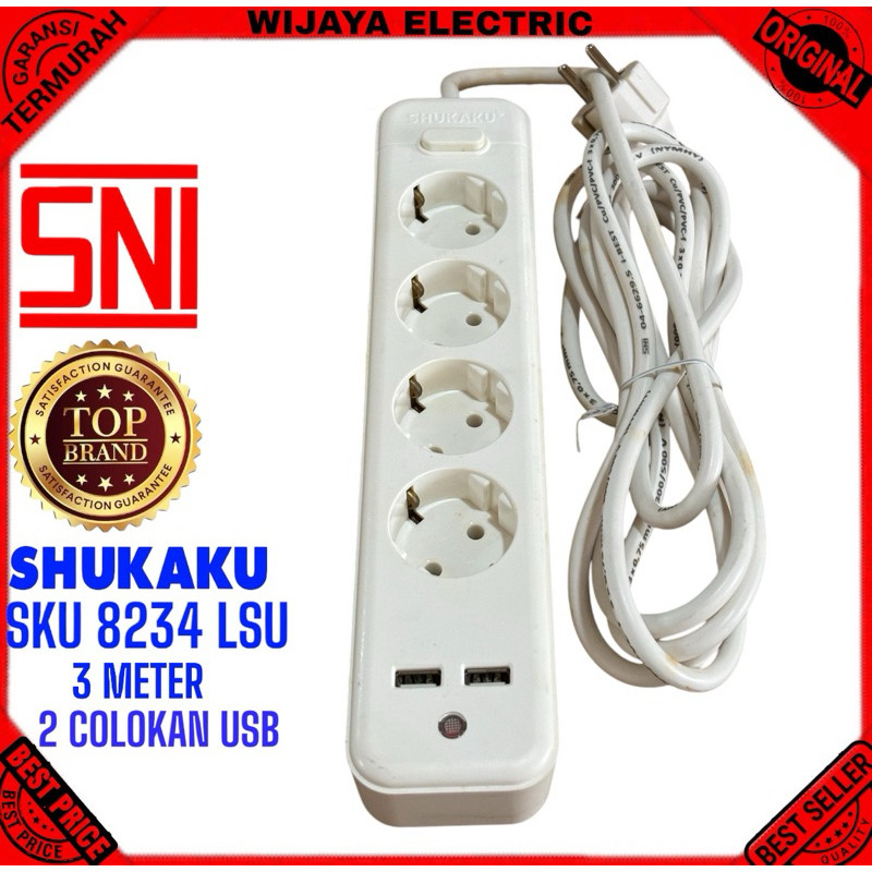 Shukaku premium stop kontak kabel + saklar + 2 Colokan Usb 4 lubang 3 meter Tembaga Murni SKU 8234 L