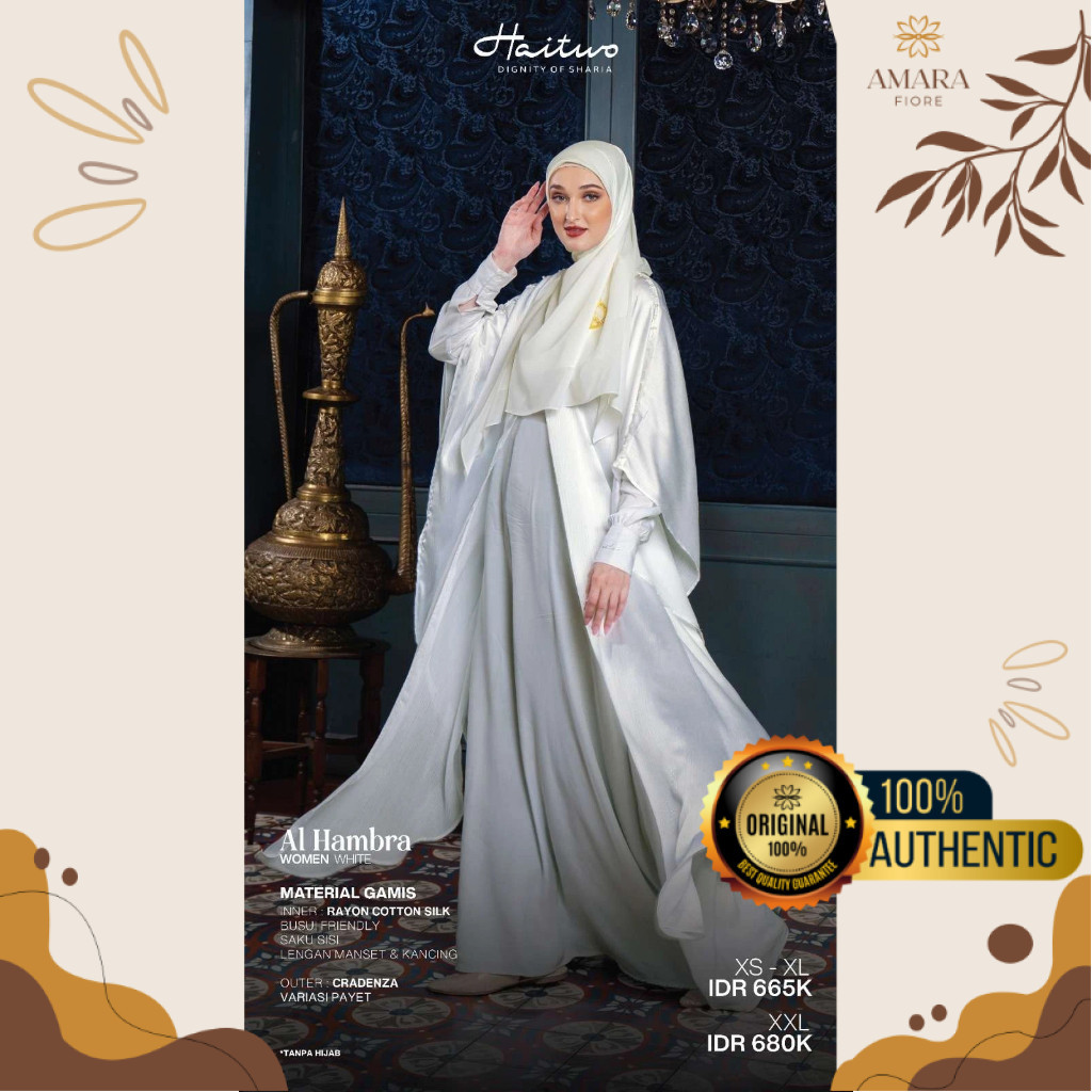 Gamis Putih Wanita Dewasa Muslimah Elegan Mewah Dress Outer Haitwo Al Hambra Original