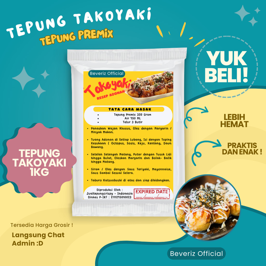 

BEVERIZ TEPUNG PREMIX TAKOYAKI OKONOMIYAKI UKURAN 1KG / 1000GRAM | Tepung Instant Siap Pakai {BISA COD} { Tersedia Harga Grosir}