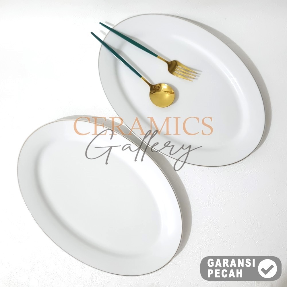 TANITI 1pcs Piring Keramik Oval 14in Polos / Lis Mas Piring Ceper Oval Piring Sajian 35cm