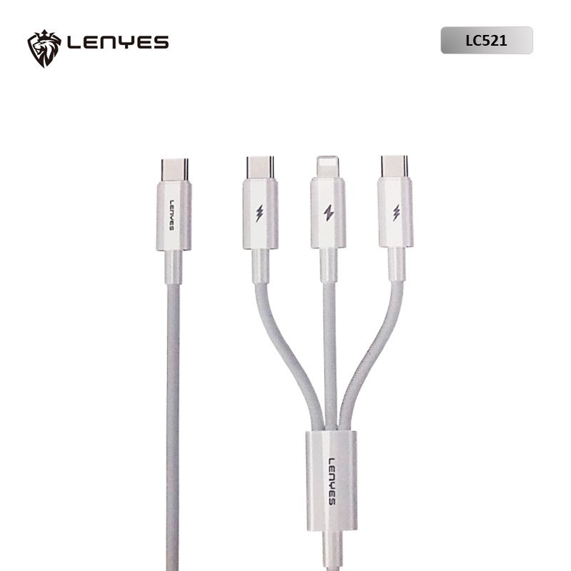 Kabel Data 3 In 1 LENYES LC521 Dual Type C & Lightning Data Cable Charger Nylon Braided 1.2m