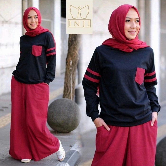 setelan baju remaja inji hitam kombinasi kulot merah set trendy sha vt