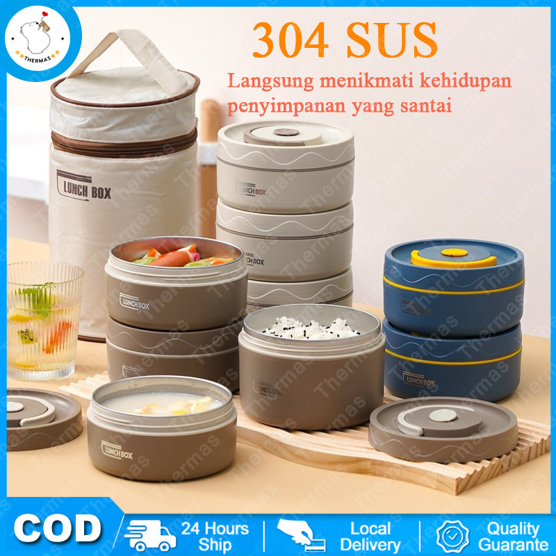 Thermas 304 Stainless Steel Portabel Anti Bocor Rasa Krim Bulat Bento Kotak Bento Piring Microwaveab