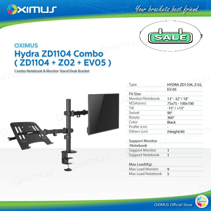 Bracket Laptop Notebook Monitor Combo Oximus ZD1104 Dual Combo - ZD1104CB