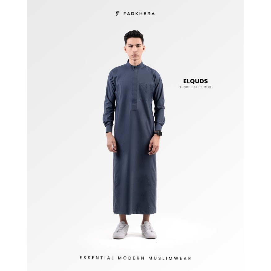 ELQUDS STEEL BLUE Thobe Jubah Gamis Fadkhera