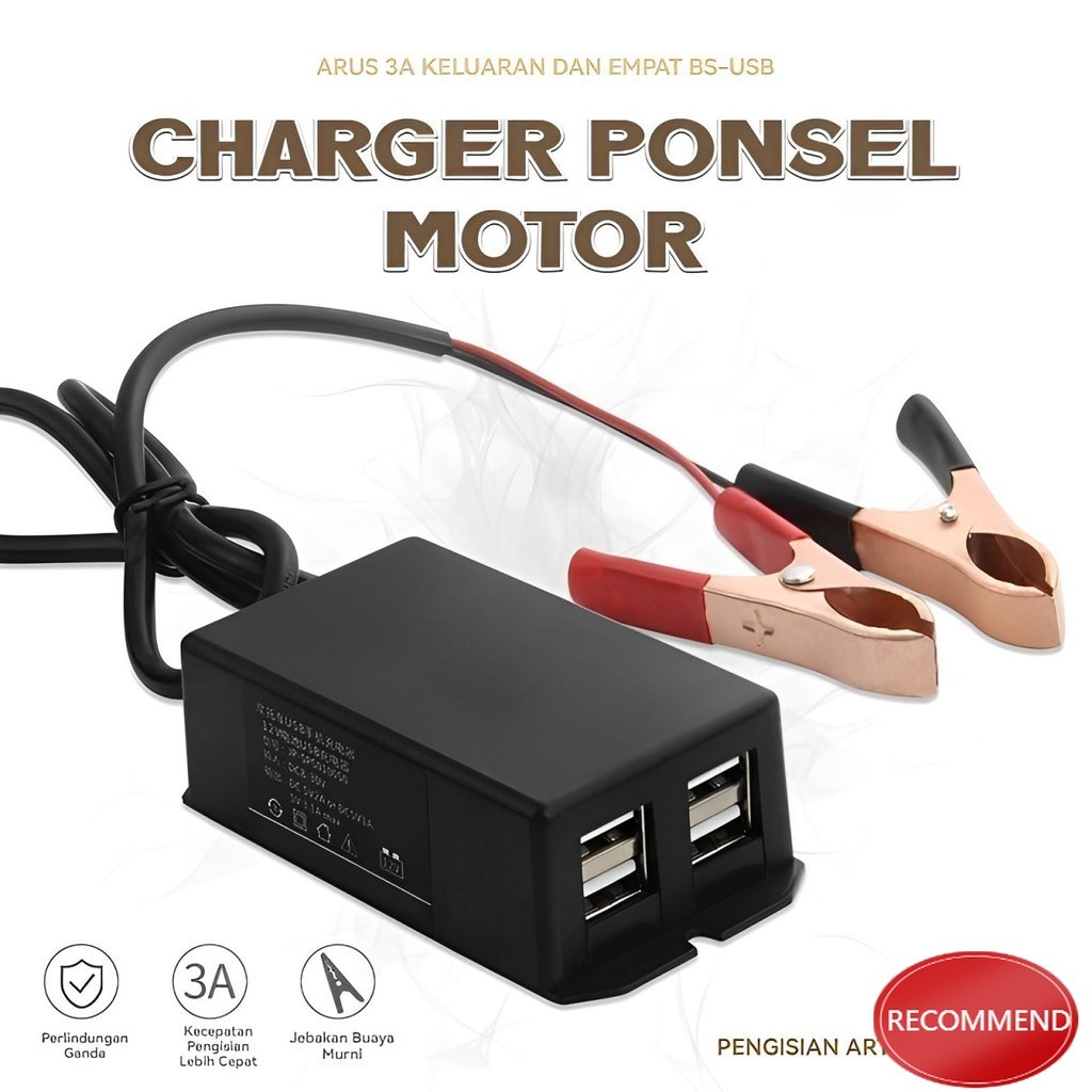 Universal Charger HP Adaptor Motor Ke AKI Mobil Pasang 4USB Darurat Sambungan Casan Aki Motor Bagian