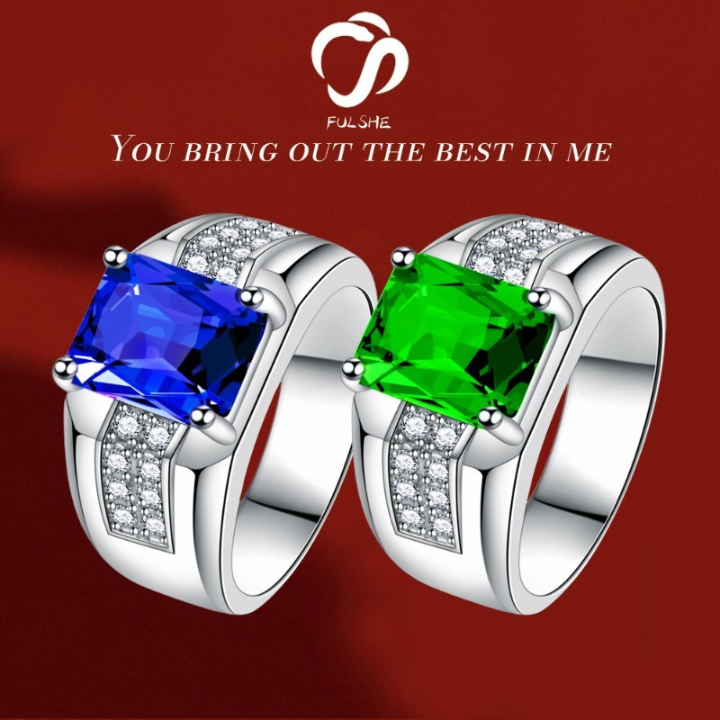 FULSHE Cincin Pria Berlian Persegi Fashion Lapisan Platinum Anti-Karat Cincin Berlian Biru Asli Berl