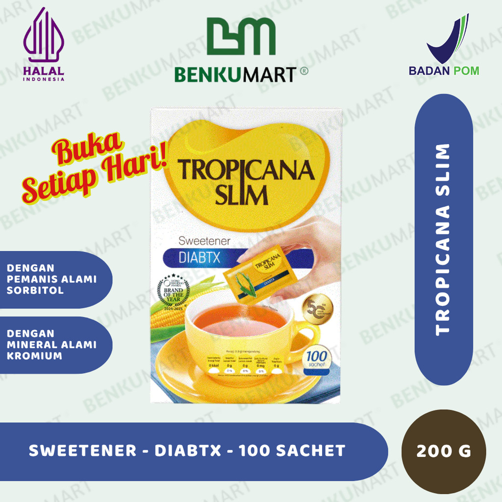 

Tropicana Slim Sweetener Diabtx 100 Sachet x 2 gram (200 gr) - Pemanis untuk Diabetesi