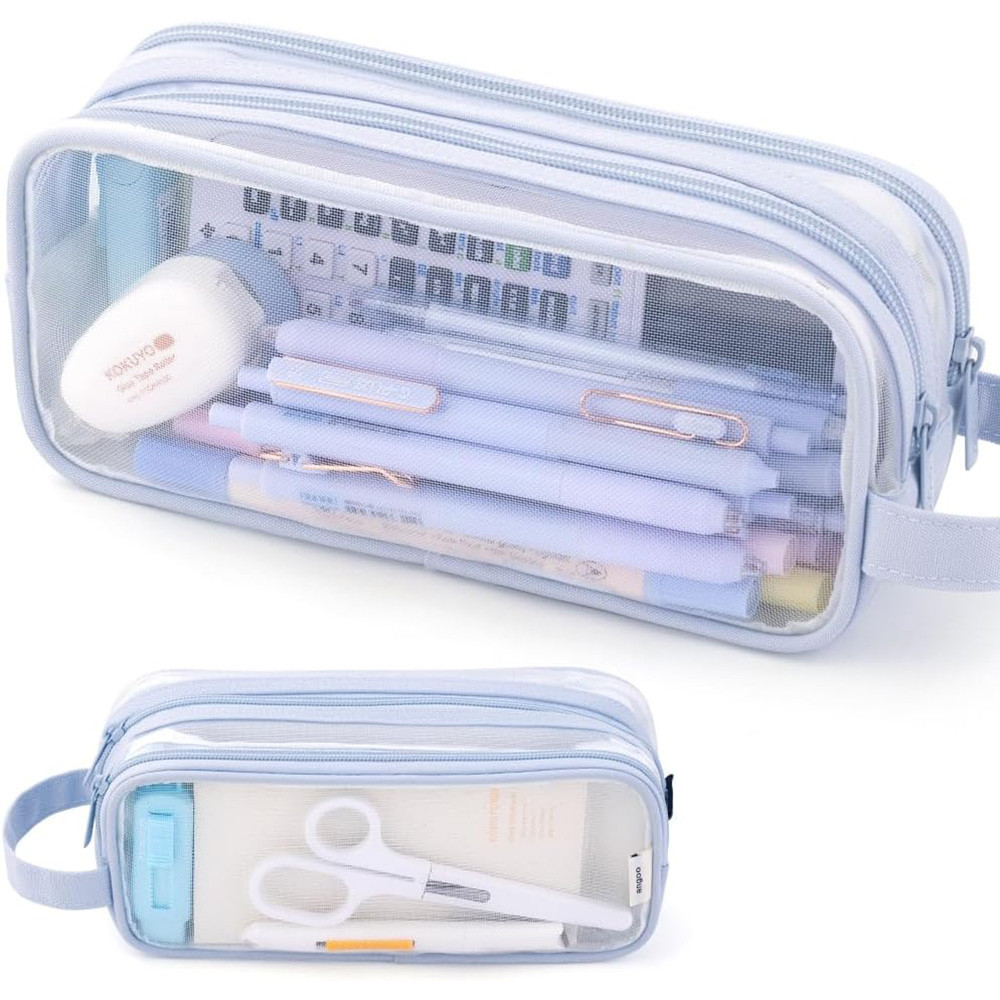 

Large Mesh Pencil Case Double Layer Transparent Pencil Pouch, Handheld Multifunctional Cosmetic Bag, Suitable for School Office