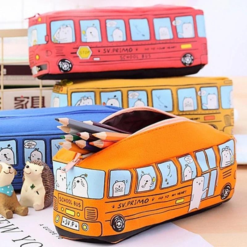 

creative cartoon large capacity bus pencil bag canvas large capacity car zipper pencil case Free set of student stationery