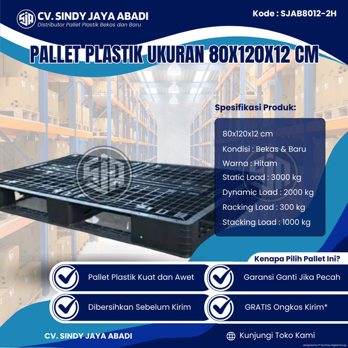 

Pallet Plastik Bekas Ukuran 80x120x12 cm - SJAB8012-2H / Pallet Plastik Warna Hitam / Pallet Plastik Jaring