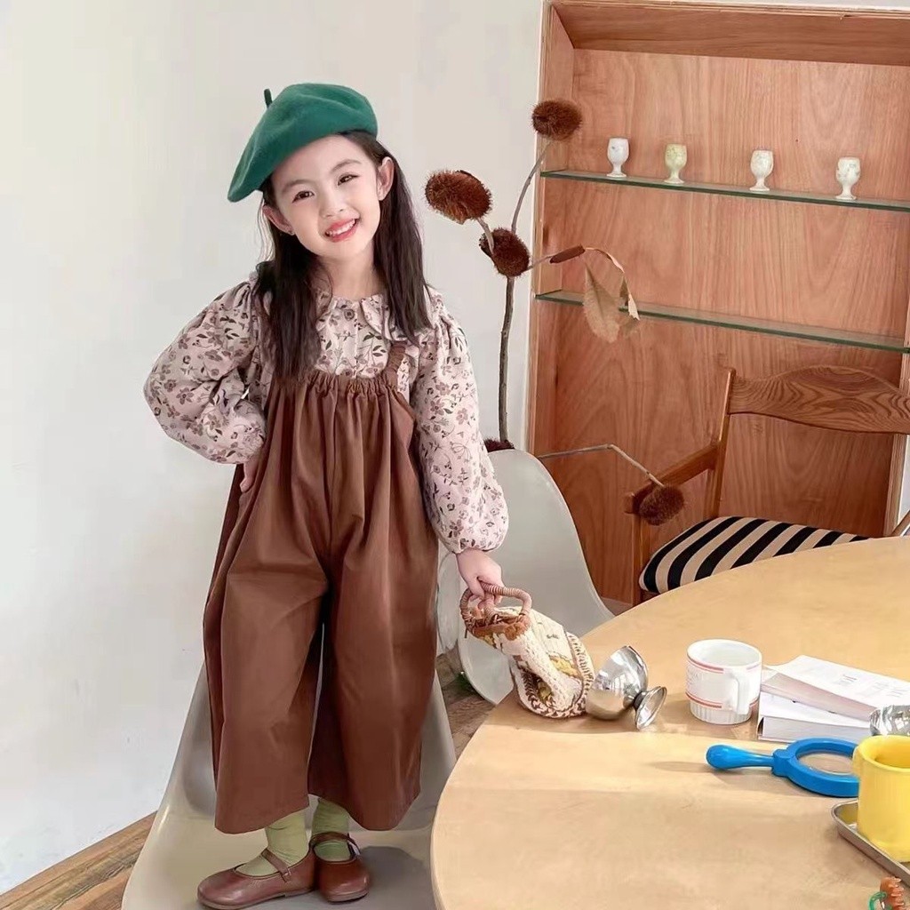 LMC74 KINGOGO Style Terbaru Setelan Anak Perempuan Kemeja Motif Bunga+Celana Panjang Overall Setelan