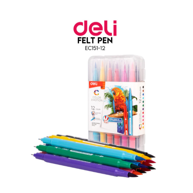 

BOBOMARTS DELI BRUSH PEN DELI 12 WARNA DELI FELT PEN SPIDOL LUKIS 2 SISI C151-12