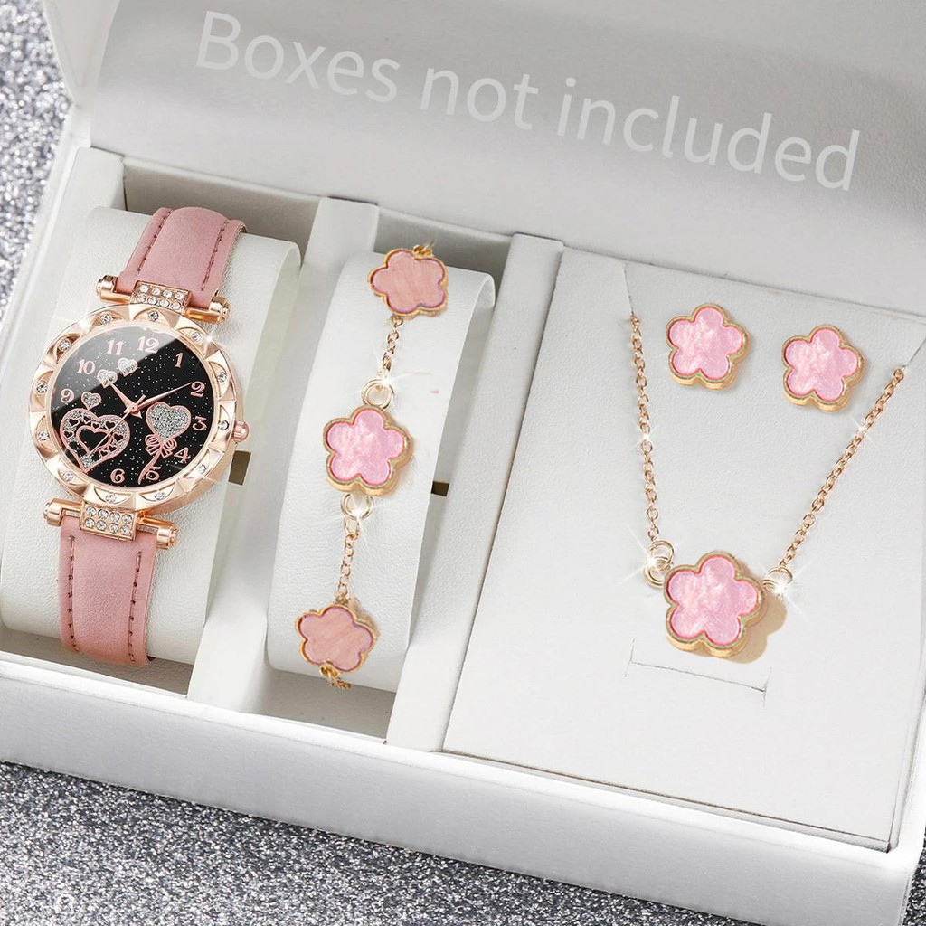 5PCS Jam Tangan Wanita Dial Berlian Fashionable Tali Kulit Jam Biasa Set Perhiasan Bunga Gratis (Tan