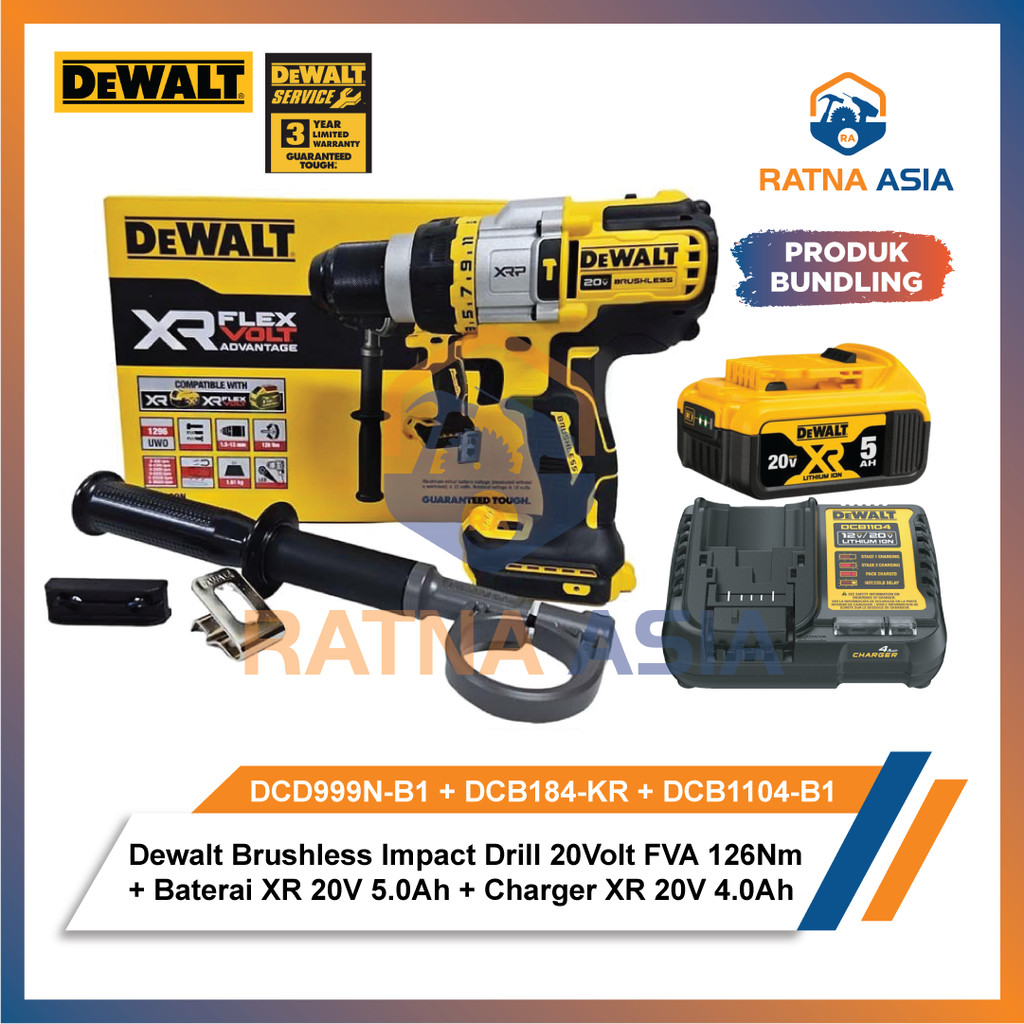 Dewalt DCD999N Brushless Impact Drill 20Volt Max FVA 126Nm DCD999N-B1 + Baterai XR 20V 5.0Ah DCB184-