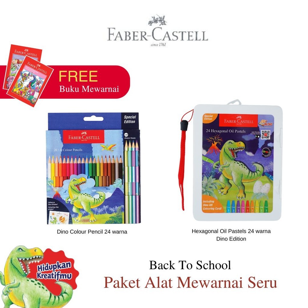 

Faber-Castell Paket Alat Mewarnai Seru Oil Pastel 24 dan Pensil Warna Set 24 spesial Dino Version