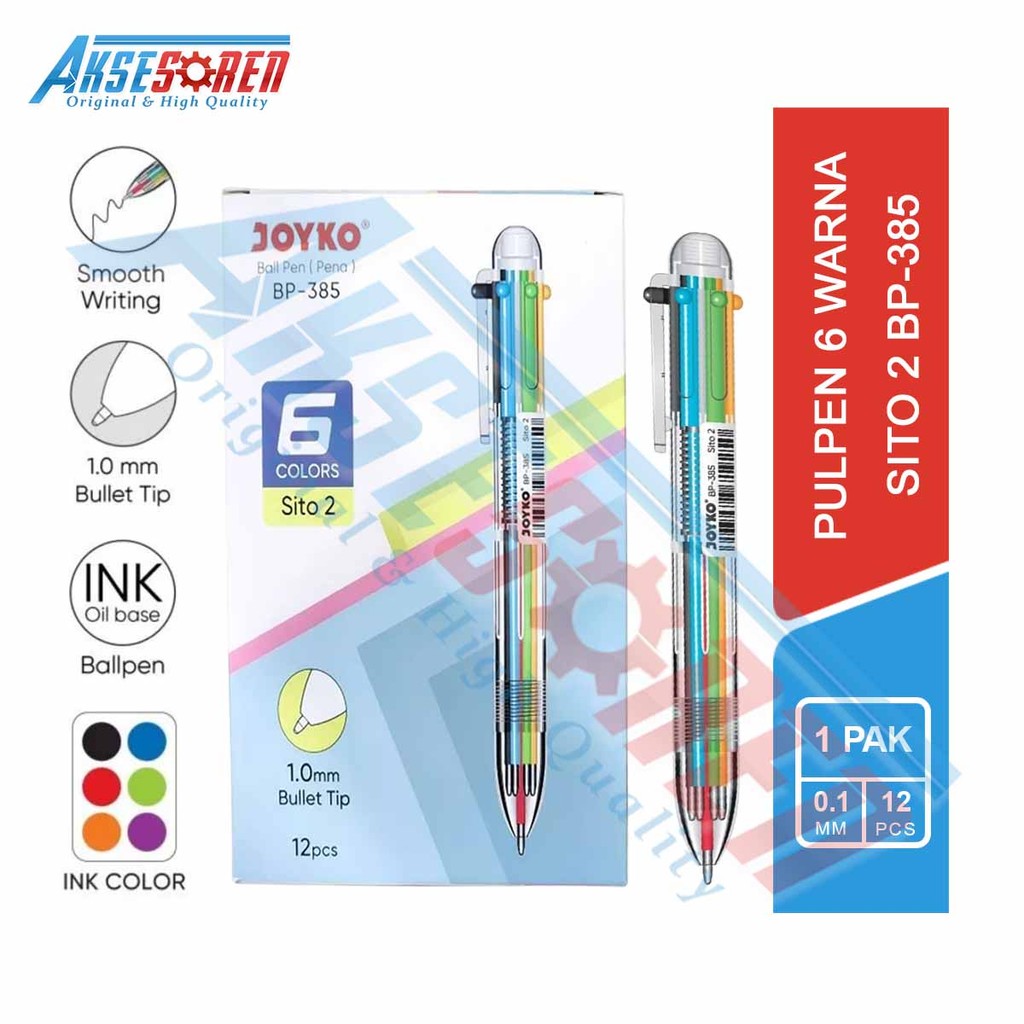 

Aksesoren Pulpen Sito 2 Joyko [BP-385/6 Warna/12 pcs] / Bolpen Warna Warni / Ballpoint Pena Pen 1.0 mm 1 Pack / Pena Hitam Biru Merah Hijau Oren Ungu