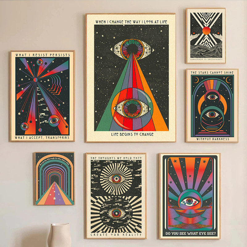 

Retro Bohemian Psychedelic 70s Poster Inspirational Quotes Meditation Wall Art Canvas Painting Pictures Hippie Home Room Decor