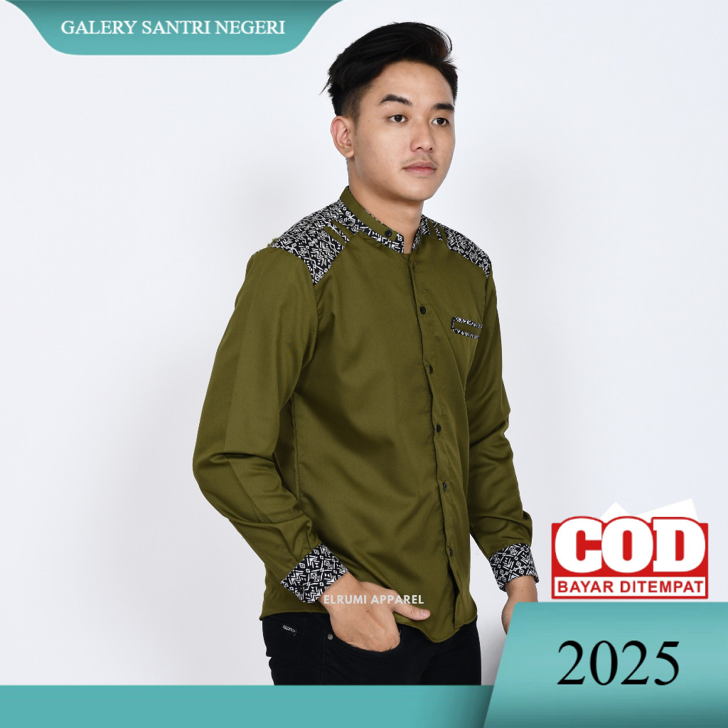 Baju Koko Pria Lengan Panjang Warna Hijau Army Kombinasi Batik Motif Adidis