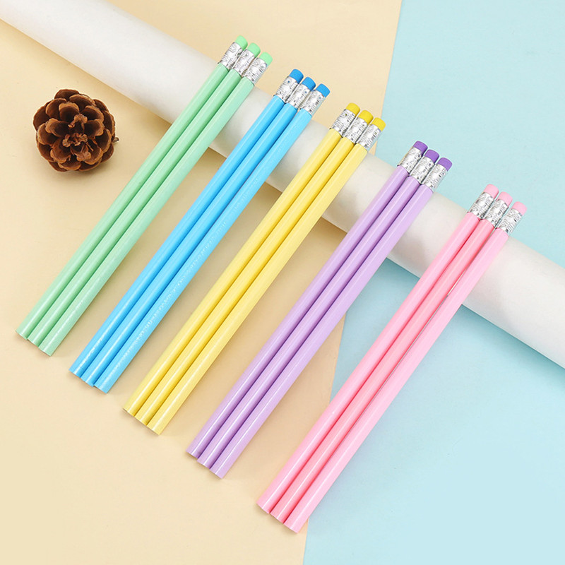 

15pcs Elegant Wood Pencils Triangular Pole with Rubber Head HB Pencil Professional Art Office School Supplies Stationery