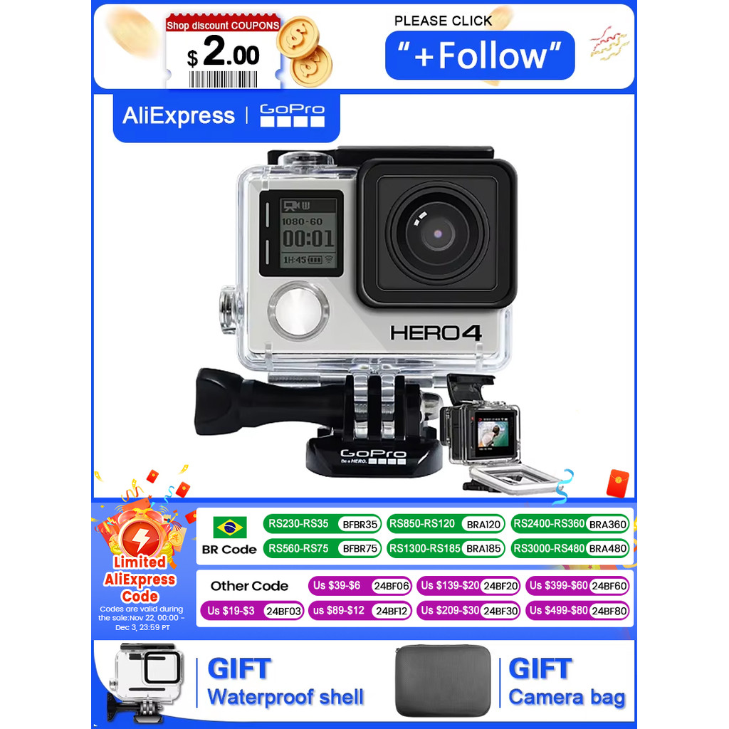 (Used) Gopro hero 4 silver 4k Ultra HD action camera WiFi  connection camera Helmet mounted outdoor 