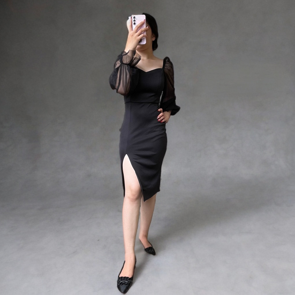 Sexy Dress Bodycon Scuba Lengan Panjang Tile Premium Dress Manggung LC Dress Hitam Wanita Press Body