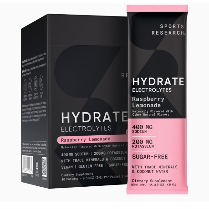 

Sports Research Hydrate Electrolytes Powder Packets - Sugar-Free & Nat - rasberry lemon