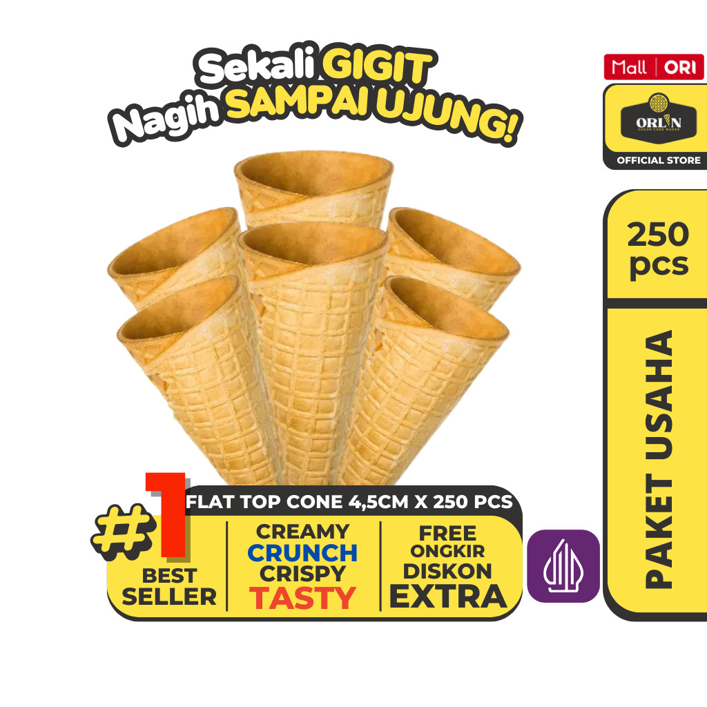 

ORLIN Paket Usaha Cone Es krim Waffle Flat Top 4,5cmx11cm isi 250pcs Sekali Gigit,Nagih Sampai Ujung