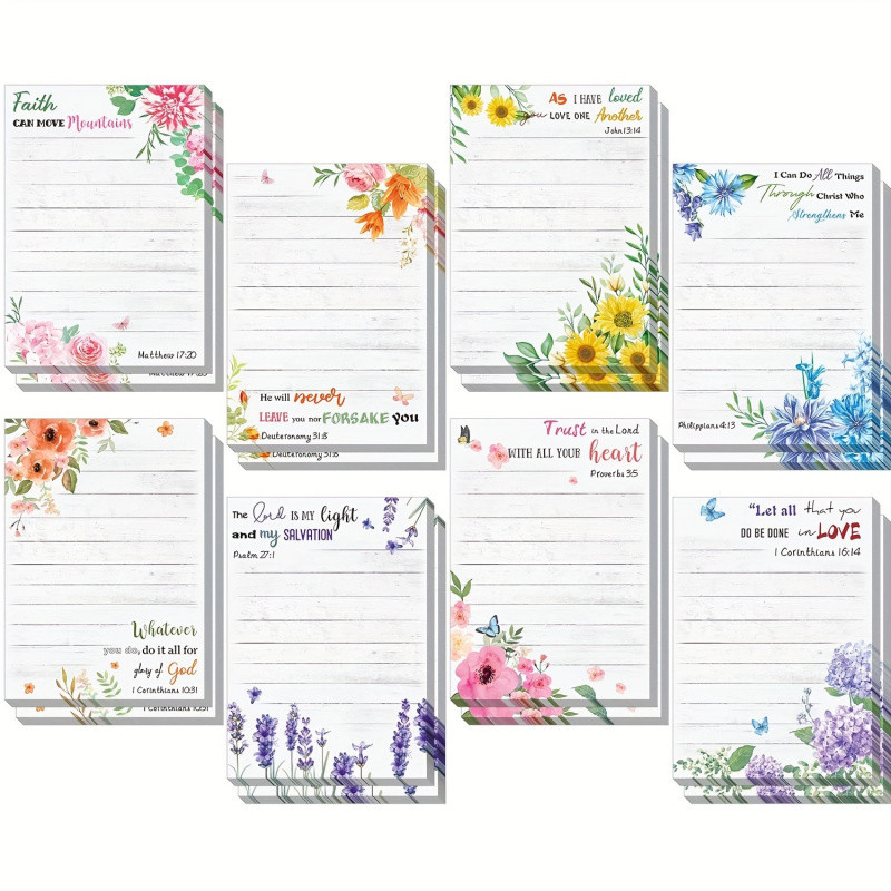 

8 Pcs Inspirational Bible Verse Sticky Notes Floral Pattern, Christian Quote Notepad for Office, School and Shopping List