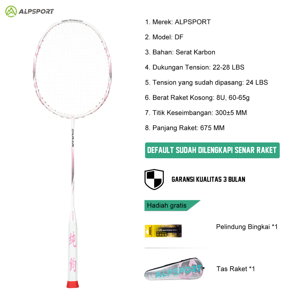 [PREMIUM ORIGINAL] ALPSPORT DF 8U Max 30LBS Raket Bulutangkis Pink Yang Dirancang Untuk Wanita Putih
