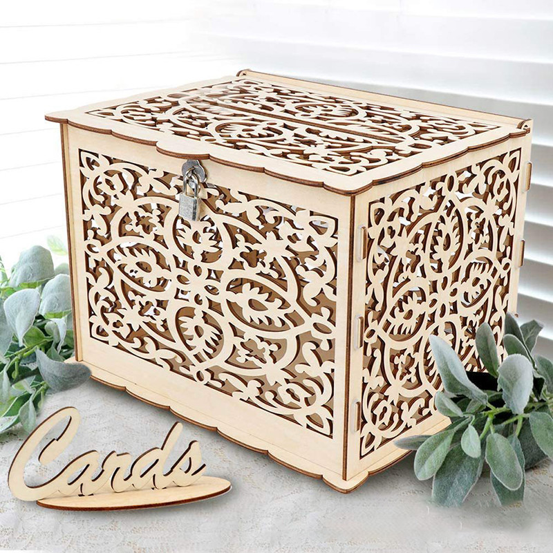 

Wedding Card Boxes Hollow Wooden Box Gift Wooden Box with Lock Gift and Money Holder for Wedding Party Favors DIY Decor Supplies