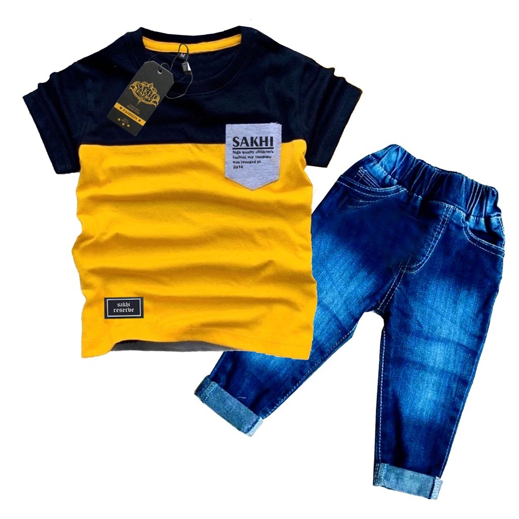 CF76YH baju anak laki laki kaos dan celana jeans panjang