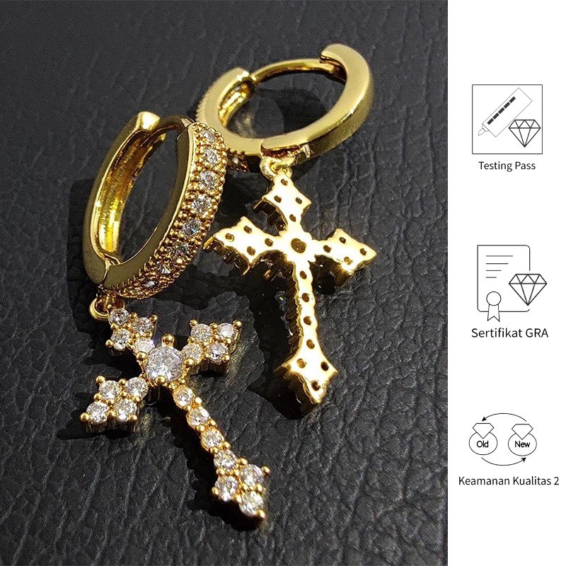 FULIN Anting Salib Moissanite Emas Perhiasan Wanita