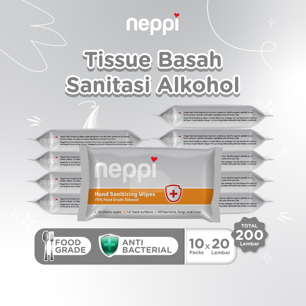 (10 Pcs x 20 Lembar) Neppi Hand Sanitizing Wipes 20s - Tisu Alkohol