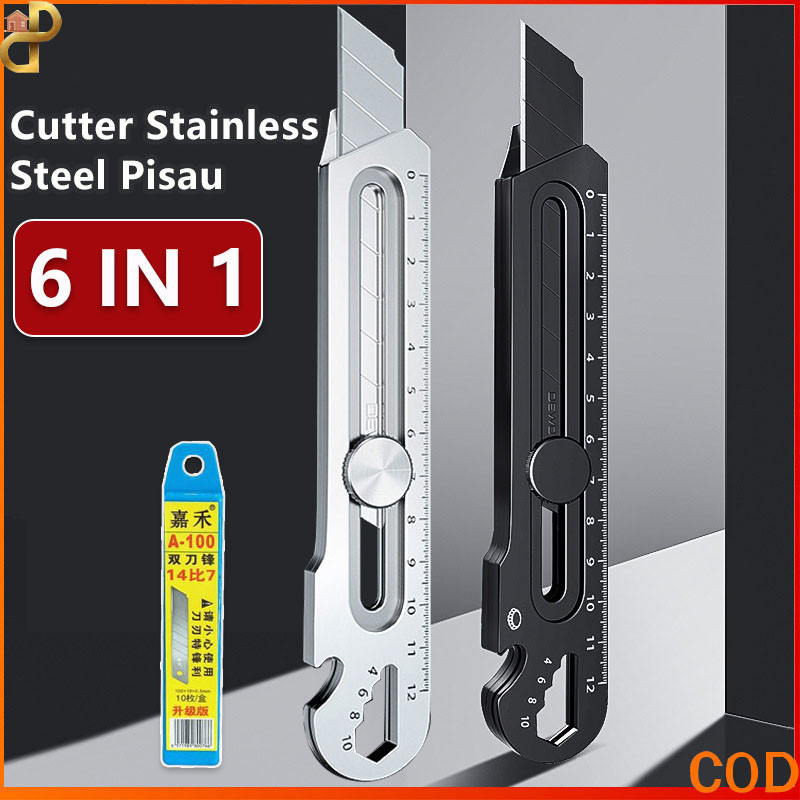 

Cutter Stainless Steel 6 in1 Pisau / Cutter 18mm Multifungsi Pembuka Tutup Botol Penggaris Cutter Tajam