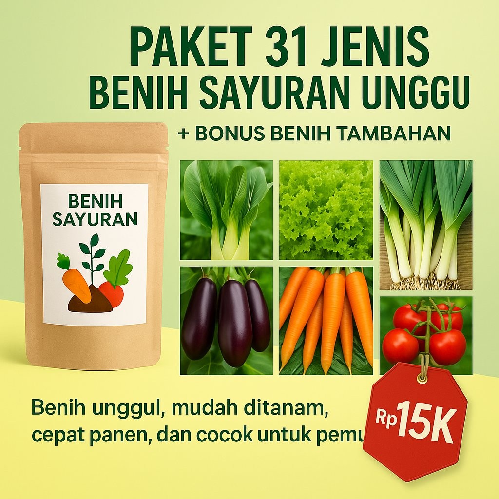 HEMAT 1 PAKET 31 BENIH SAYURAN UNGGUL ISI LENGKAP BENIH PEMULA