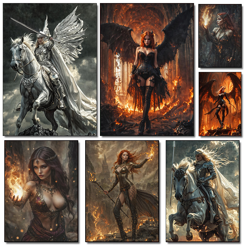 

Modern Nordic Female Art Lady Knight Dark Demon Retro Posters Prints Canvas Painting Wall Art Picture Living Room Home Decor