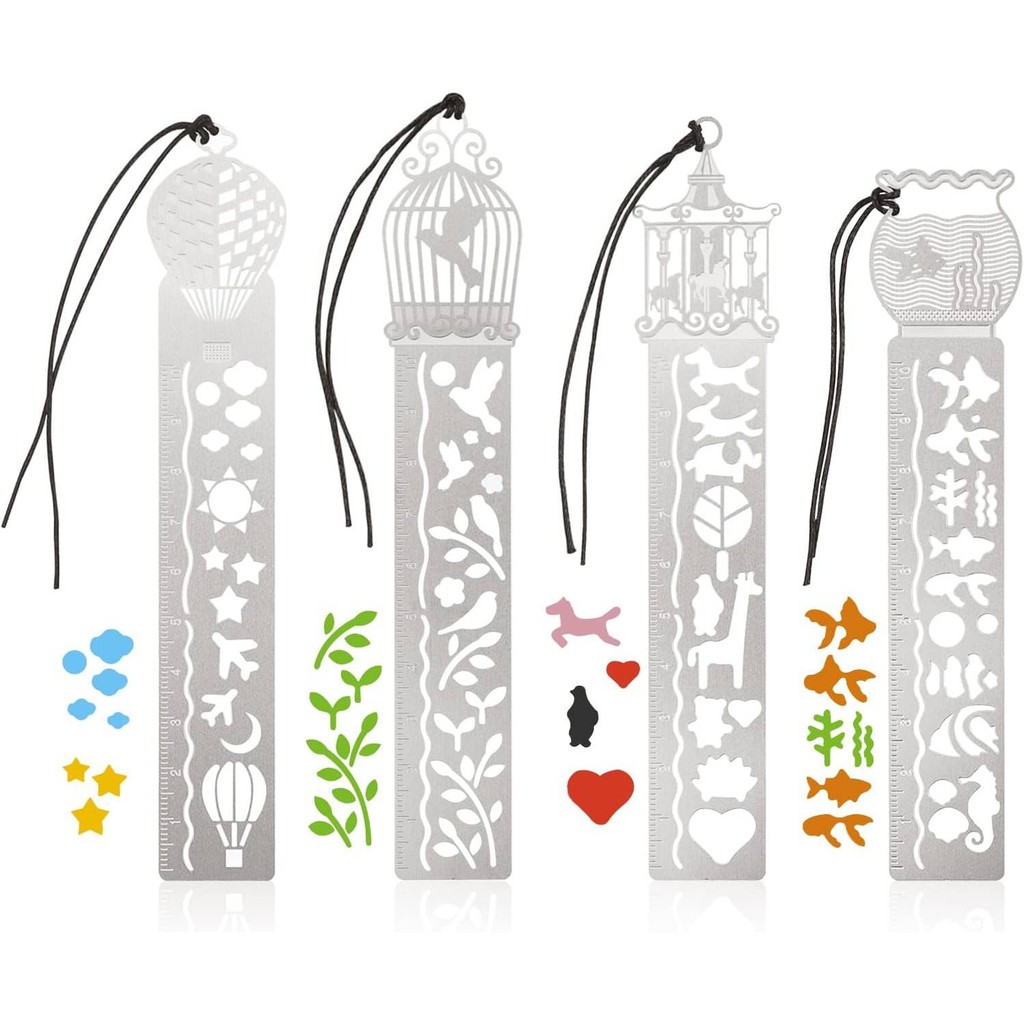

4pcs Metal Bookmark Drawing Templates Ruler Hollow Bookmarks Gift for Kids School Student DIY Accessory Scrapbook Bullet Journal