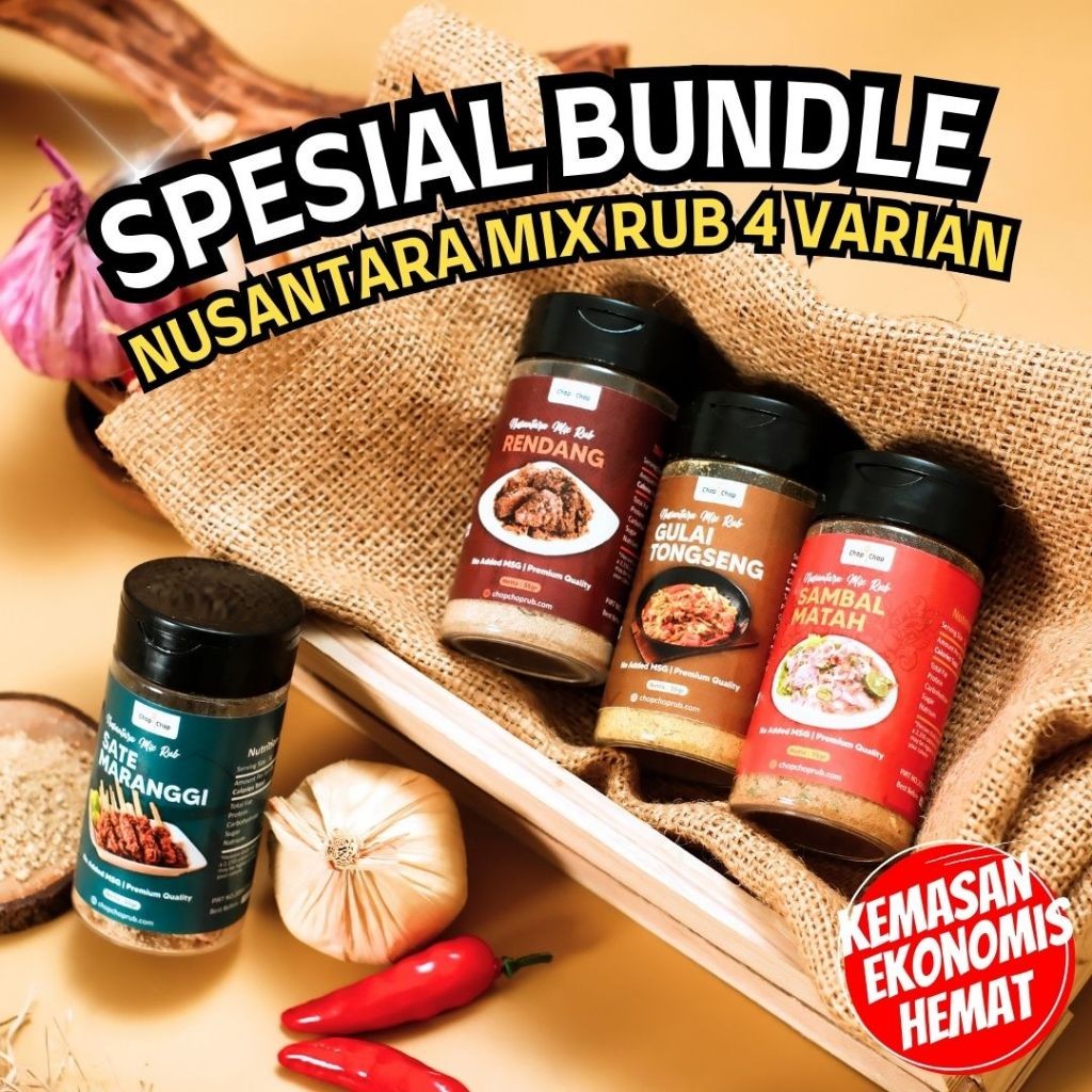 

Chop Spesial Bundle Nusantara Mix Rub 4 Varian Kemasan 55 Gram bumbu marinasi rendah kalori