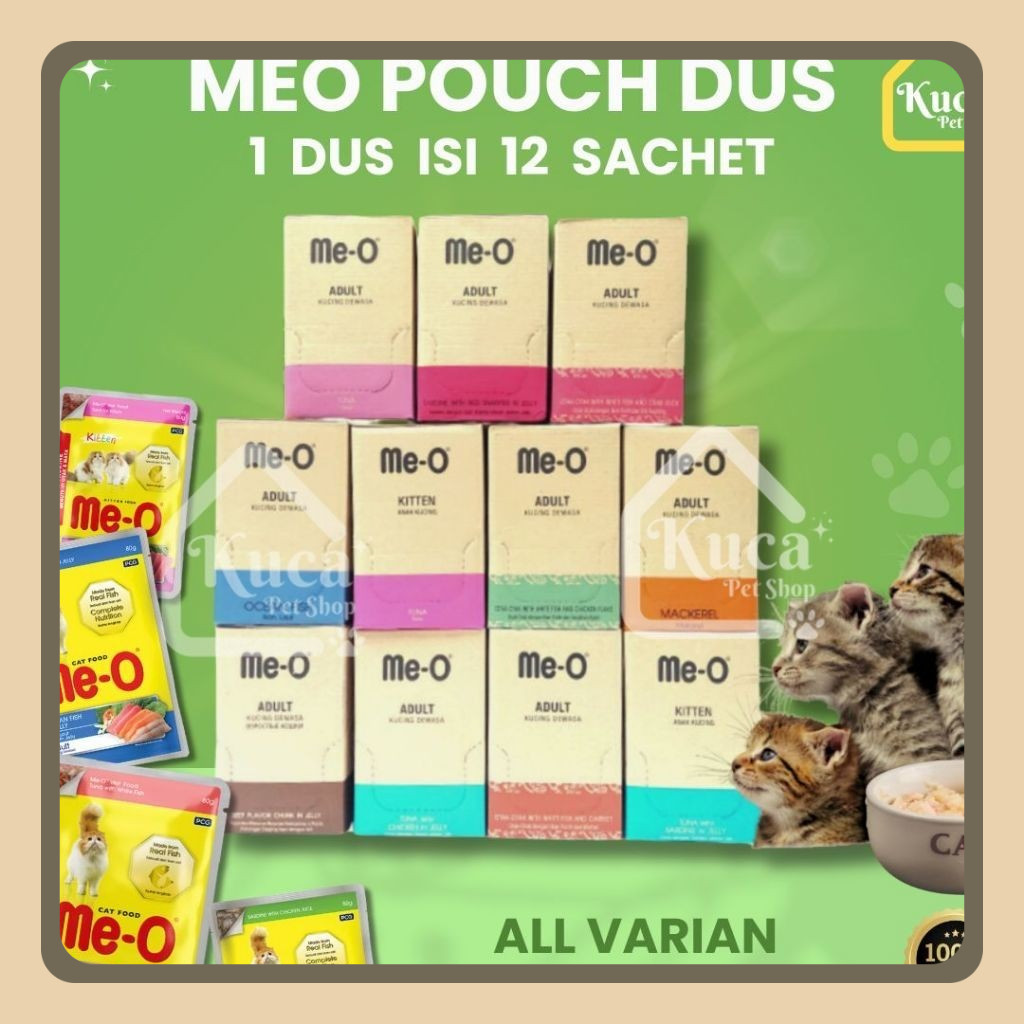 Meo Pouch Dus 12 Sachet 80gr Makanan Kucing Basah Me-O Adult Kitten Tuna Wet Food Cat Meo Dus