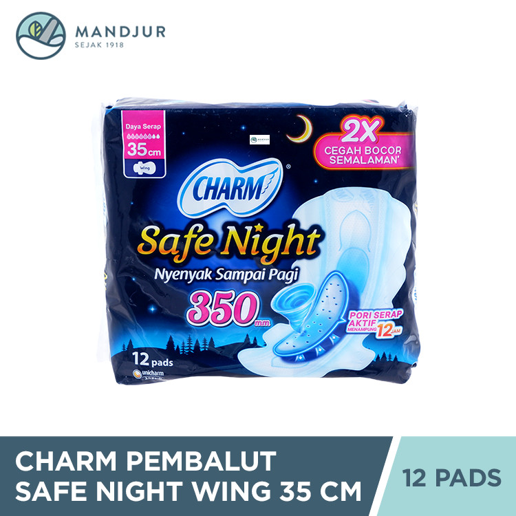 Charm Pembalut Safe Night 35 cm Wing 12 Pads - Pembalut Malam  35 cm
