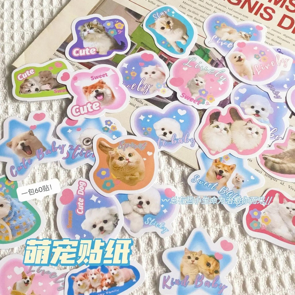 

60sheet/set American Style Kawaii Sticker Cute Cartoon Puppy Cat Stationery Sticker DIY Decor Scrapbook Sticker Student Supplies