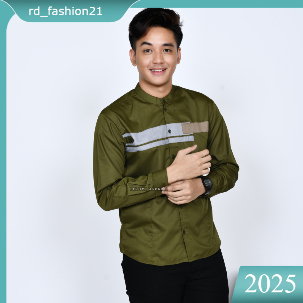 Baju Koko Pria Elrumi Dewasa Lengan Panjang Warna Hijau Army Motif Yordhan Lebaran Majelis