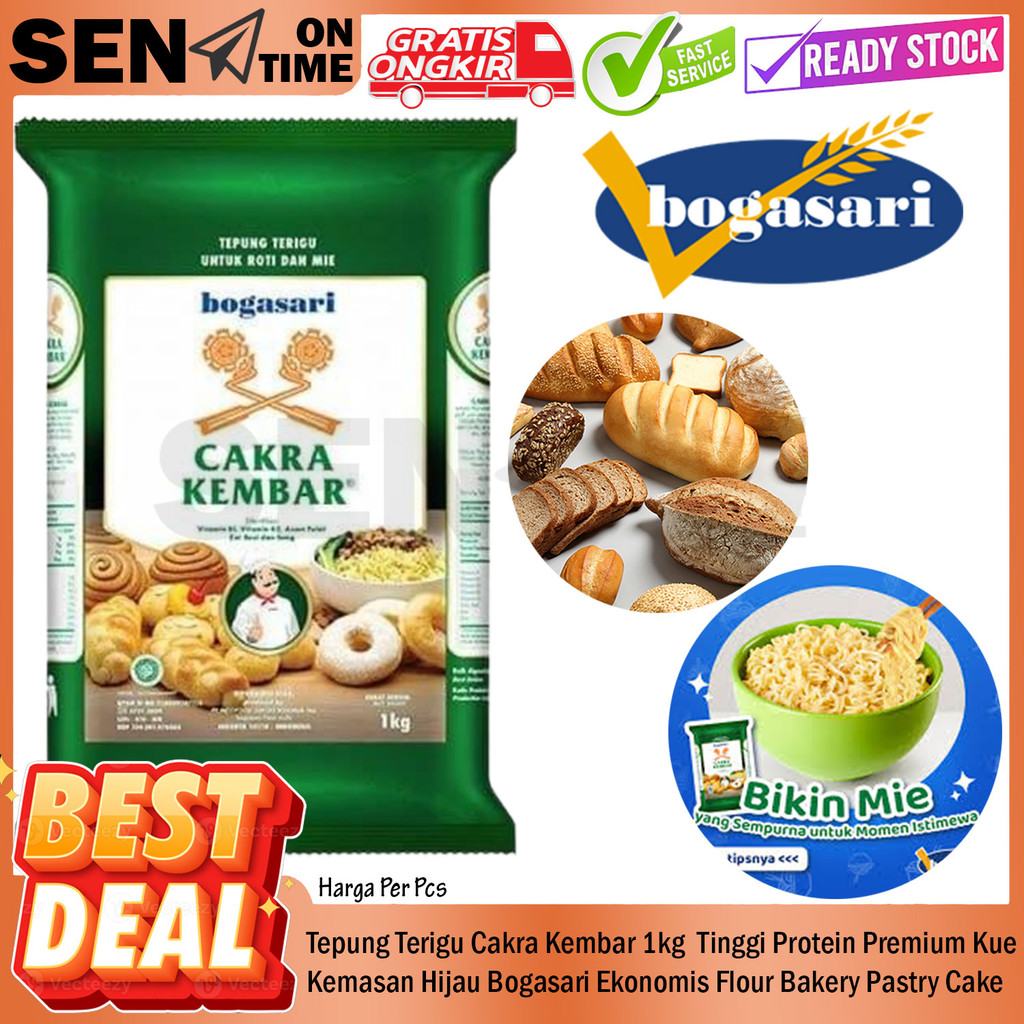 

Tepung Terigu Tinggi Protein Cakra Kembar 1kg Bogasari Ekonomis Premium Kemasan Hijau Praktis Bungkusan 1 Kilo Kiloan Adonan Flour Bakery Pastry Cake Kue Bolu Donat Makanan Roti Tawar Bolu Kukus Nastar Martabak DES Manis Mie