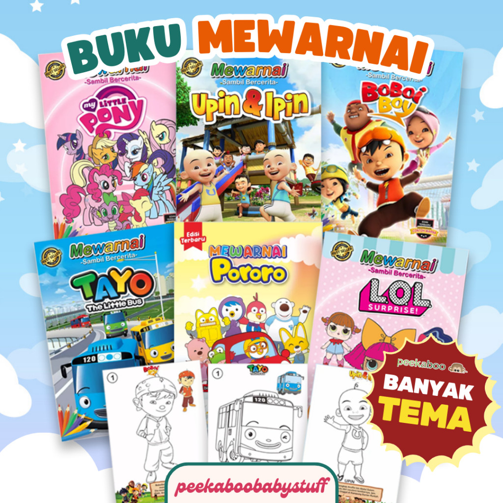 BUKU MEWARNAI ANAK PAUD TK MEMBACA MENULIS BERHITUNG FULL COLOUR UPIN IPIN LOL LITTLE PONY TAYO BUAH