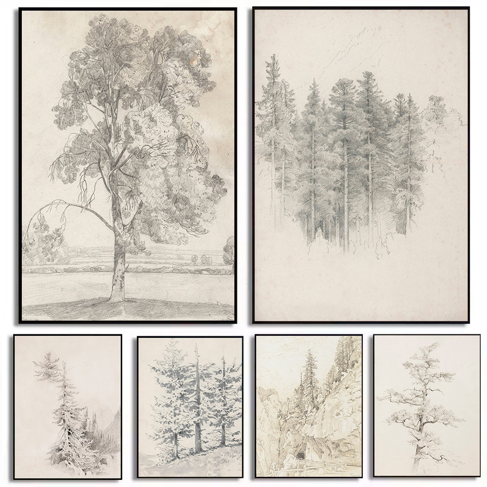

Vintage Tree Sketch Forest Neutral Rustic Tree Antique Landscape Poster Canvas Painting Wall Art Pictures Home Dorm Decor Gift