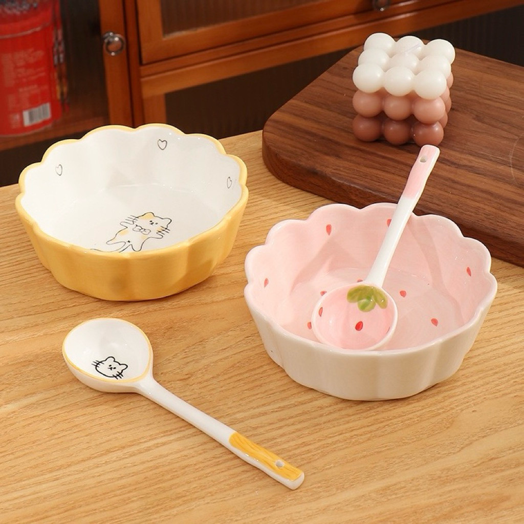 LIVINSTORE Strawcat Series Mangkok Keramik Korea Aesthetic Estetik Putih Bentuk Motif Props Properti