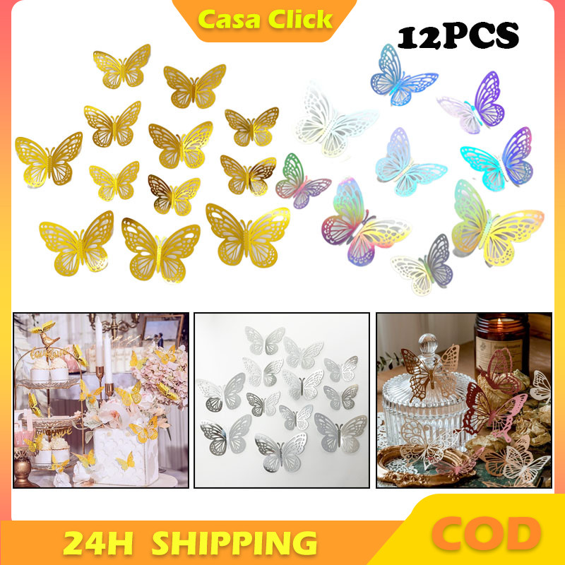 

12pcs Sticker Butterfly 3D Kupu-kupu Dekorasi Dinding Aesthetic Emas Warna-Warni Kupu-Kupu Kertas Berongga