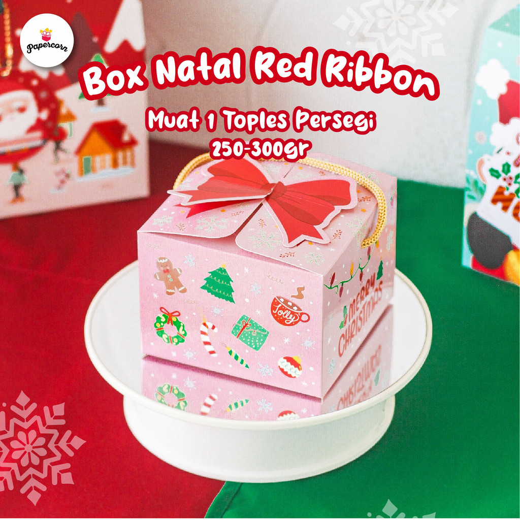 

10 Pcs Box Natal Red Ribbon muat 1 toples kotak uk. 250-300gr uk.11x11x8cm
